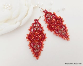 Orange Red tatting jewelry, lace tatted earrings, lace jewelry, summer  tatting earrings, lace chandelier earrings,  gift  for girlfriend