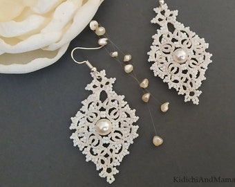 White tatting earrings, Wedding jewelry, Bridal earrings, Gift for women, Lace earrings, Bohemian style jewelry