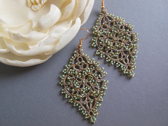 Colorful Jewelry Lace Earrings Bohemian Earrings Chandelier Earrings Boho Earrings Flower Earrings Tatted Mint Statement Earrings