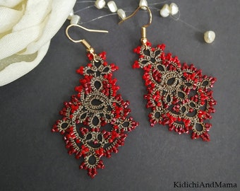 Red Tatting Lace Accessories,  Lace Tatted Earrings, Seed Beads Earrings, Victorian earrings, gift for her, lace jewelry