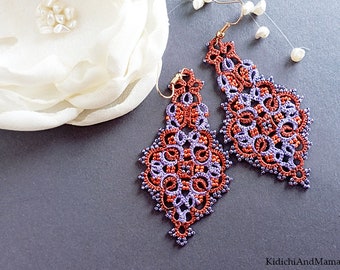 Lilac-Orange Tatting Jewelry, lace tatted earrings, lace jewelry, summer tatting earrings, chandelier earrings, gift for girlfriend