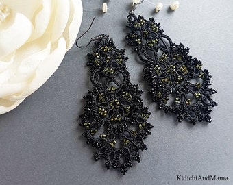 Black tatting jewelry, lace tatted earrings, lace jewelry, summer  tatting earrings, lace chandelier earrings,  gift  for girlfriend