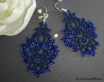 Blue Lace Earrings, Summer Lace Earrings, Exclusive Earrings, Bohemian Jewelry, Statement Earrings, Gift For Her, Tatting Jewelry