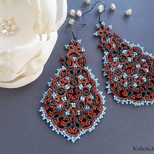 Copper Chandelier Earrings, Tatted Lace Jewelry, Tatting Earrings, Drop Earrings, Bohemian Jewelry, Stylish Jewelry. Gift For Her zdjęcie 1