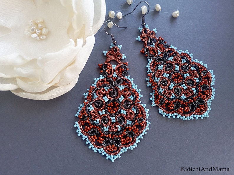 Copper Chandelier Earrings, Tatted Lace Jewelry, Tatting Earrings, Drop Earrings, Bohemian Jewelry, Stylish Jewelry. Gift For Her zdjęcie 1