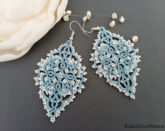 White-Blue Tatting Earrings, Drop lace earrings, Boho earrings, gift for her, tatted jewelry, Statement Bohemian Earrings,