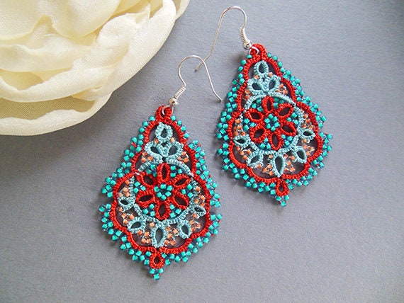 Turquoise Red Tatting Jewelry Lace Tatted Earrings Lace | Etsy