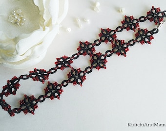 Black choker, black tatting necklace with red beads, collar necklace, black choker tattoo,  gothic choker jewelry, fashion steampunk choker.