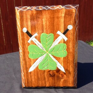 Shamrock Mount | Irish Swords | Shield Design | Wooden Decor | Four Leafed Clover | Celtic | Weapons | Hand-made |