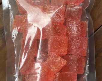 Pika Strawberry Gummies.  5-ounce pouch.  Sweet, chewy and very spicy.  Spiced with donne sali seasoning.
