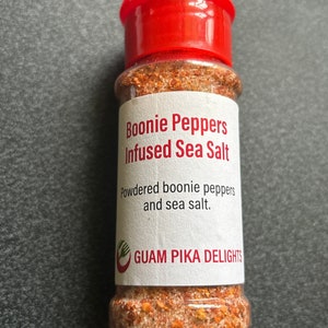 Guam Boonie Pepper infused sea salt - table seasoning - a great dip for fruit.  3 ounce shaker bottle.
