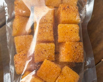 Pika Mango Gummies.  5-ounce pouch.  Sweet, chewy and very spicy.  Spiced with our very own donne sali seasoning powder.