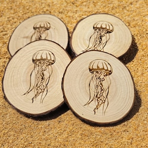 Jellyfish Laser Engraved Ocean Animal Coaster – Handmade Marine Life Decor – Coastal Gift – Rustic Beach Drinkware - Nautical Coaster