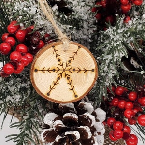 Rustic wood slice snowflake ornaments