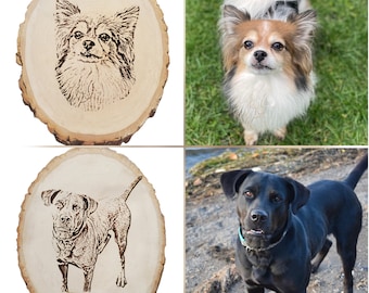 Retratos de mascotas personalizados grabados con láser en rondas de madera Live Edge