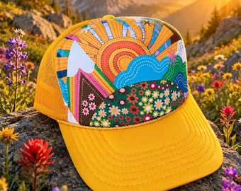 Unisex boho sun trucker hat, trucker hat for women, flower hat, womens hats, sun hat, trucker hats, gift for women, hats for women