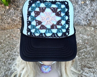 Crochet granny square trucker hat, crochet hat, trucker hat women, trucker hats, baseball hat women, baseball cap, boho hat, gift for women