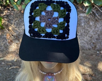 Crochet granny square trucker hat, crochet hat, trucker hat women, trucker hats, baseball hat women, baseball cap, boho hat, gift for women