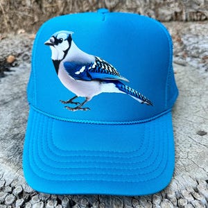 Unisex blue jay trucker hat, bird hat, bird trucker hat, trucker hat, trucker hat men, hats for women, bird gift, gift for men, blue jay hat