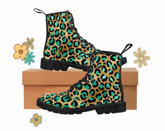 Botas de lona con estampado de leopardo para mujer, botas para mujer, botas con estampado de leopardo, botas de combate, botas estampadas, botas para mujer