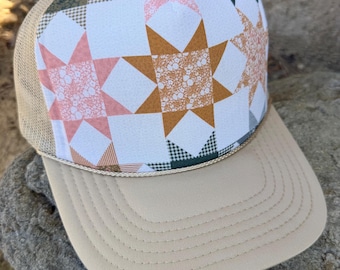 Unisex patchwork star quilt print trucker hat, trucker hat for women, womens hats, quilted hat, trucker hats, gift