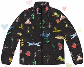 Womens bug and flower printed puffer jacket, puffer jacket for women, womens jackets, womens coats, coat for women, gift for women, bugs