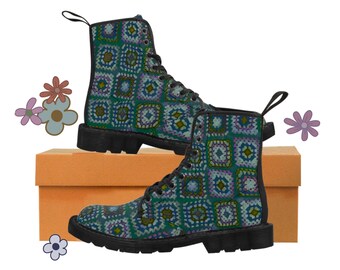 Women's green printed crochet granny square Canvas Boots, womens boots, boots for women, combat boots, crochet boots, green boots
