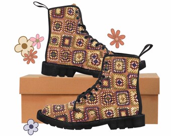 Women's printed crochet granny square Canvas Boots, womens boots, boots for women, combat boots, crochet boots