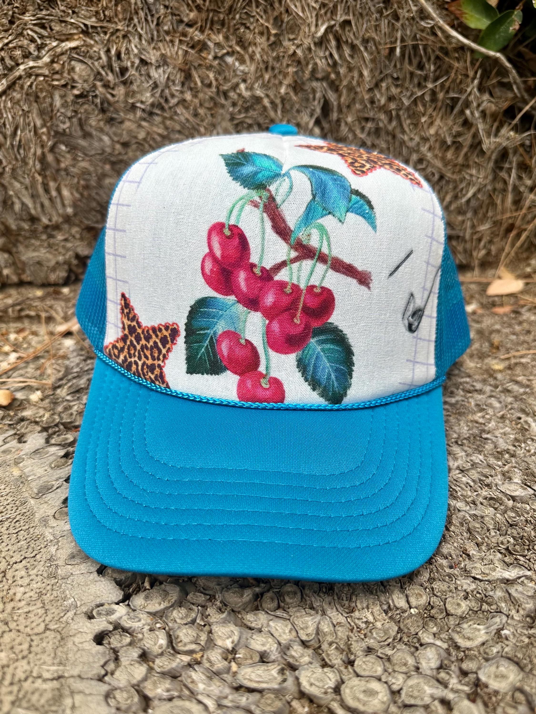 Upcycled Cherry Trucker Hat, Trucker Hat Women, Leopard Hat  display picture 1