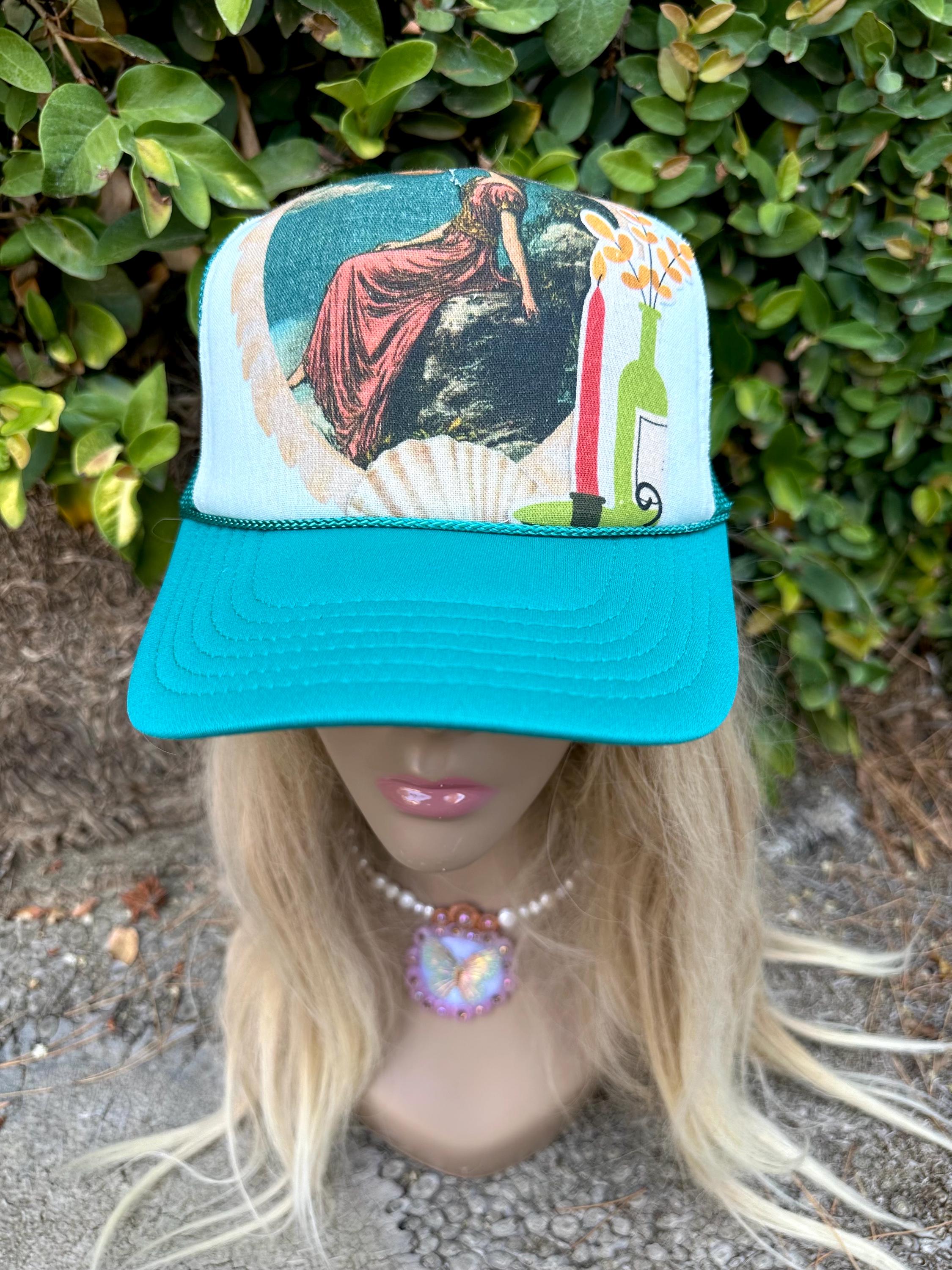 OOAK Boho Doily & Vintage Jewelry Trucker Hat | Handmade Cream Snapback a revamped vintage @millerlite trucker hat using broken true  main image 2