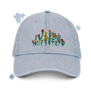Unisex embroidered boho wildflower dad hat, flower hat, flower dad hat, boho hat, wildflower hat, denim hat, baseball cap, gift women