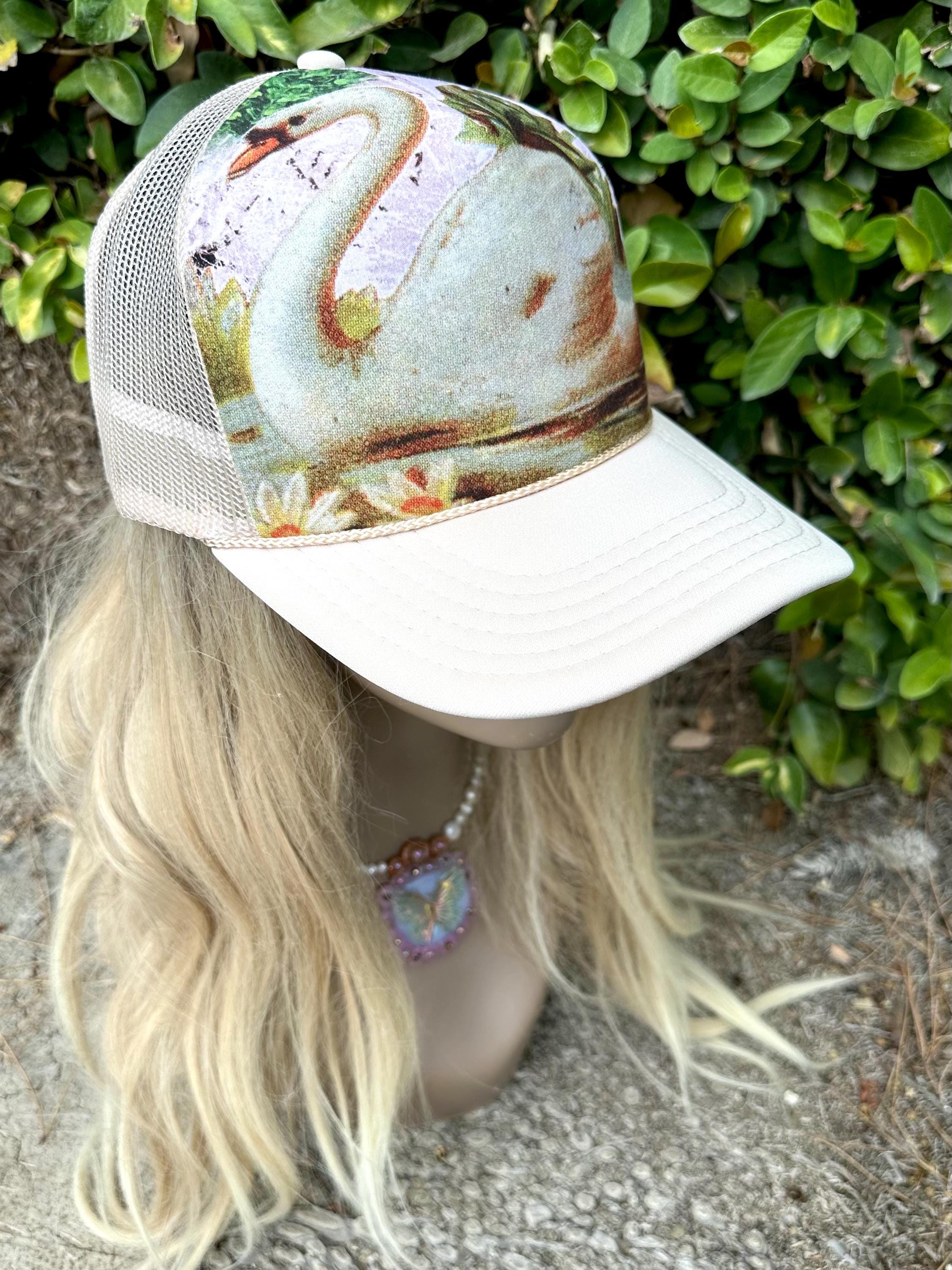 NEW! Upcycled Light Blue & White Swan Trucker Hat Baby Blue Velour Rhinestone Trucker Hat | Von Dutch main image 3