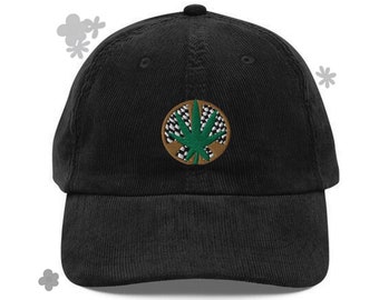 Unisex embroidered checker print peace marijuana leaf corduroy dad hat, peace hat, retro, corduroy hat, baseball cap, hippie hat, gift