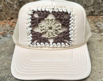 Crochet granny square trucker hat, crochet hat, trucker hat women, trucker hats, baseball hat women, baseball cap, boho hat, gift for women