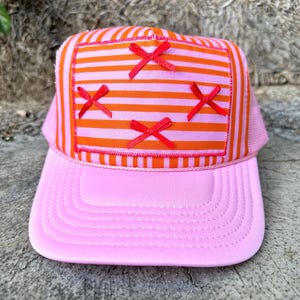 Pink stripe bow trucker hat, trucker hat women, bow hat, trucker hats, women’s trucker hat, cute hat, hats for women, women’s hats, gift