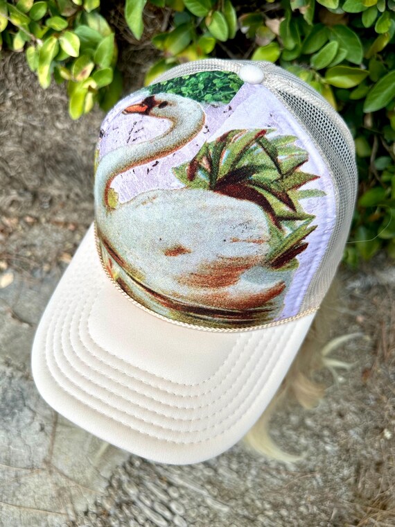 NEW! Upcycled Light Blue & White Swan Trucker Hat Light Blue & White Checkered Foam Trucker Hat main image 3