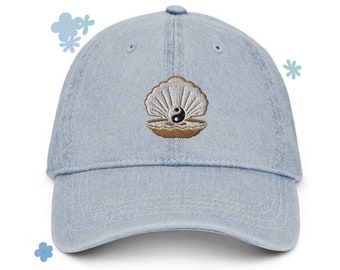 Unisex embroidered boho yin yang shell denim dad hat, shell hat, yin yang dad hat, boho hat, beach hat, denim hat, baseball cap, gift women