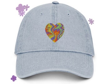 Unisex embroidered boho marble print heart denim hat, heart hat, marble, denim hat, baseball cap, hippie hat, gift men women