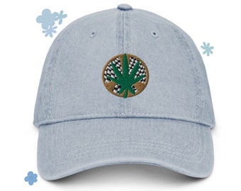 Unisex embroidered checker print peace marijuana leaf denim dad hat, peace hat, retro, denim hat, baseball cap, hippie hat, gift