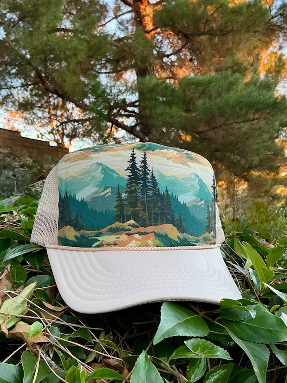 Unisex nature trucker hat, tree hat, mountain hat, trucker hat for men, mens hats, trucker hats, nature hat, gift for men, nature gift