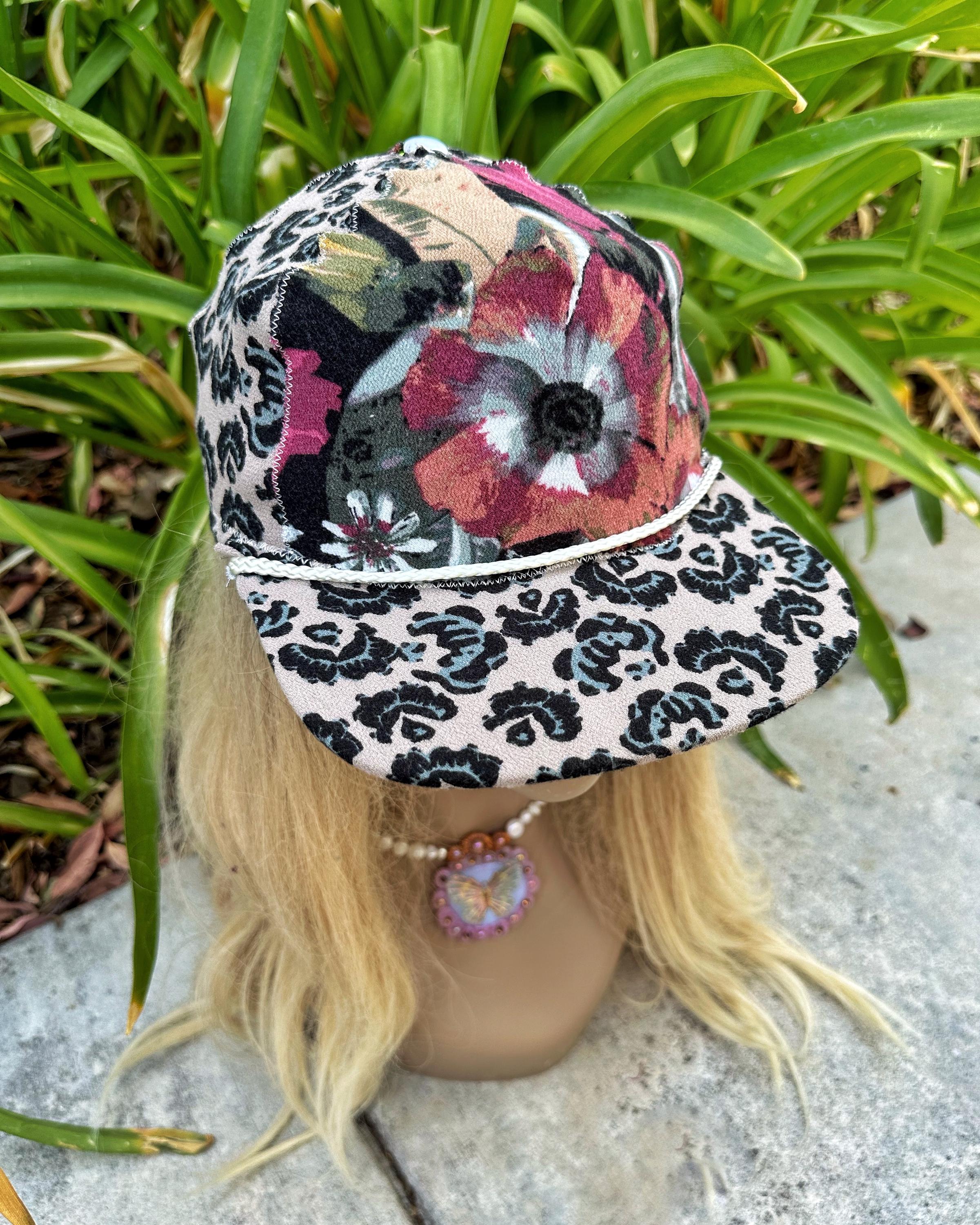 Leopard Print Upcycled Hat, Flower Hat, Leopard Print, Hats 