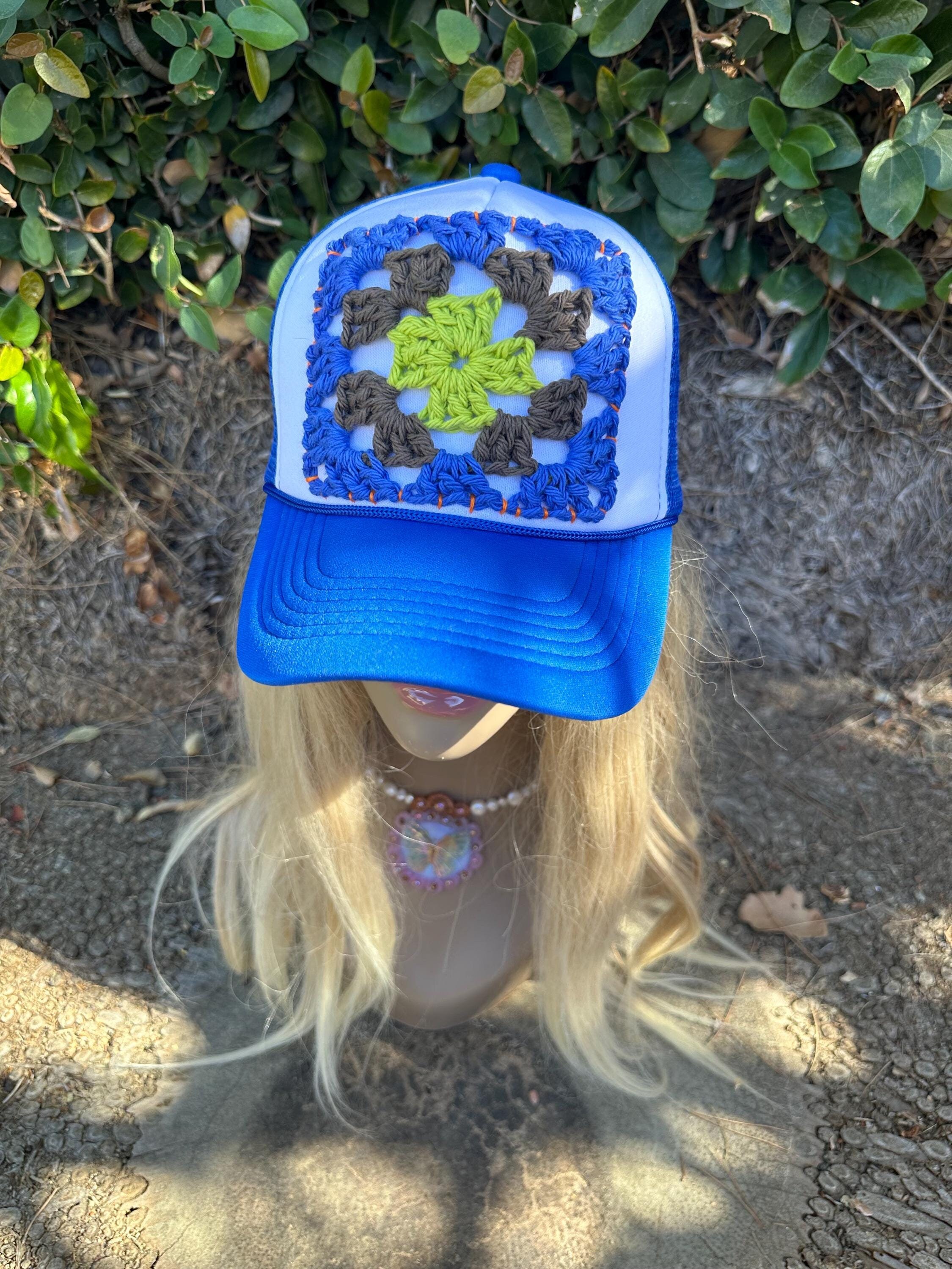Crochet Granny Square Trucker Hat ? Blue Ponytail Baseball Cap Adjustable Boho Crochet Granny Square Trucker Hat, Crochet Hat, Trucker Hat  main image 4