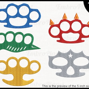 May include: An image displays four embroidered brass knuckles designs in blue, red, green, gold, and grey. The red design has orange spikes. The image includes the text "12 sizes" and "This is the preview of the 5 inch size."