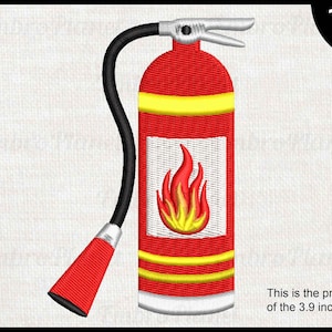 May include: Red fire extinguisher with a yellow stripe and a black hose. The extinguisher has a flame graphic on the front.  The image is a preview of the 3.9 inch size.