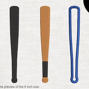 May include: Three embroidery designs of a baseball bat, one black, one brown, and one blue. The designs are available in 12 sizes.