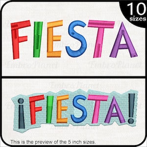 May include: Embroidered design of the word "FIESTA" in colorful letters, with a second design of the word "FIESTA" with an exclamation point on each end, also in colorful letters. The text "10 sizes" is in the top right corner of the image.