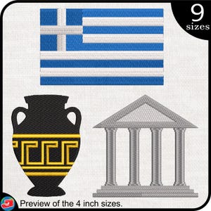 Puede incluir: Diseños bordados que representan una bandera griega, una ánfora tradicional y un templo blanco con columnas. Los diseños están disponibles en nueve tamaños.