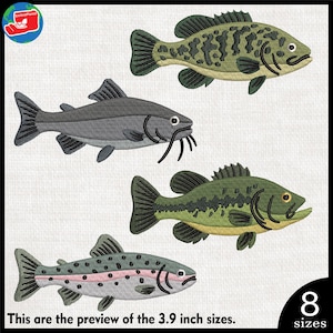 Puede incluir: Diseños de peces bordados en verde, gris y rosa, incluyendo un bagre, un bajo y una trucha. El texto en la parte inferior dice "This are the preview of the 9.9 cm sizes." La imagen también incluye el número "8" y la palabra "sizes."