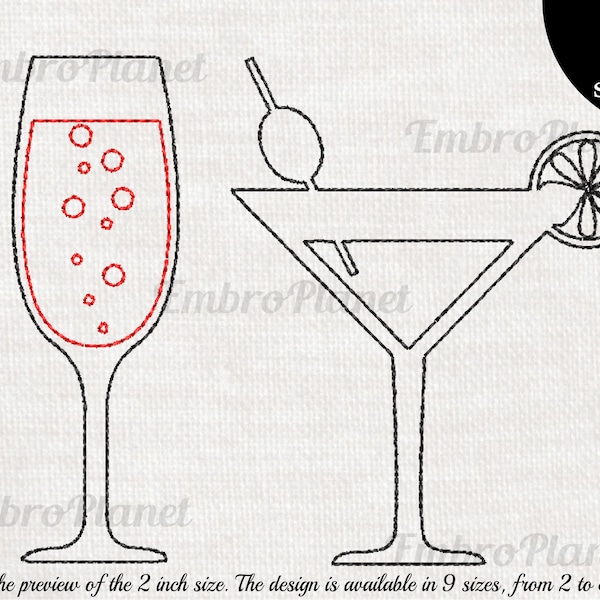 Outline Glasses - Designs for Embroidery Machine Instant Download digital files stitch sign icon pattern symbol cocktail champagne  1201e