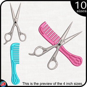 以下が含まれることがあります： 銀色のハサミとピンクとブルーの2つの櫛を特徴とする刺繍デザインのセット。デザインは10サイズ展開です。